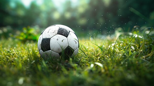 Black and white soccer and football ball in the field. Horizontal sport theme poster, greeting cards, headers, website and app photography ::10 , 8k, 8k render