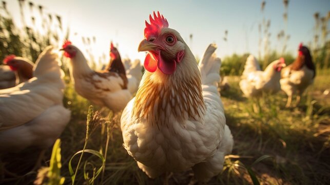 Hen with chickens outdoors on a pasture in the sun. Organic poultry farm. nature farming. photography ::10 , 8k, 8k render