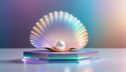 pearl in a seashell in pink blue lighting - obrazy, fototapety, plakaty