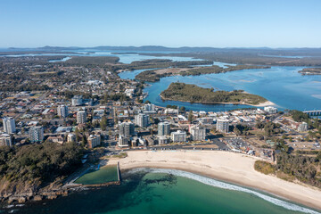 Aerial of the town of forster and wallis lakes on the New South Wales north coast, Australia.