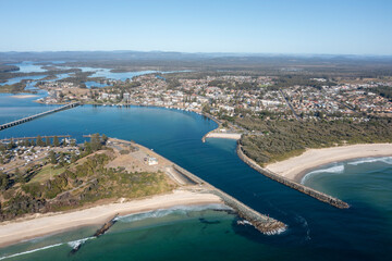 Aerial of the town of Tuncurry and the entrance to wallis lakes on the New South Wales north coast, Australia.