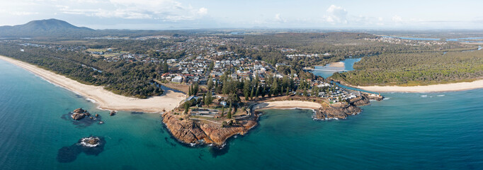 Aerial of the town of South West Rocks on the New South Wales north coast, Australia. - 676949021