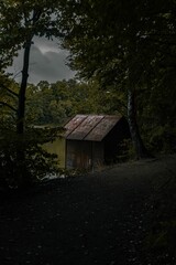 Vertical shot of an old wooden house at the shore of a lake in the forest