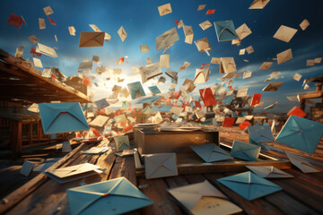 Flying envelopes are sent to addressee. Letters fly through the air. Online message and virtual post. Social media concept - obrazy, fototapety, plakaty