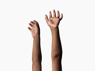 Children's hands are raised up with white background