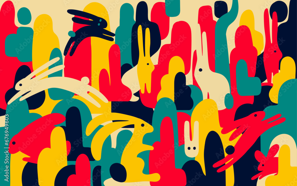 Poster simple abstract rabbits in a bright multi-colored magical forest