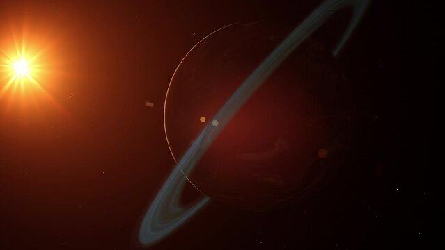 Red rocky desert Mars like planet with orbiting rings. Bright orange sun starlight. 3D animation concept of alien terran world. Barren and dry conditions. Drought ecosystem in extreme hot climate.