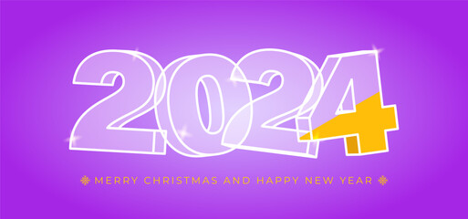 2024 Happy New Year. Glass text on purple background. Celebrate party 2024. Load party concept. Xmas Poster, banner, cover card, brochure, flyer design. Vector illustration