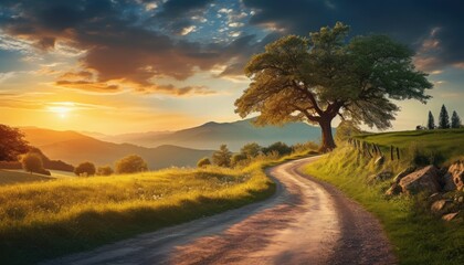 A winding dirt road at sunrise in a rural area with one large tree on the side of the road. - Powered by Adobe