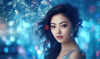Beautiful Asian woman on sparkling blue background, generated by AI