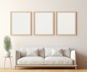 Poster mockup, room poster,  modern living room with white sofa