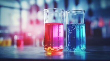 Glass reactor vessels in a chemical laboratory filled with colourful liquid. Science or medical background