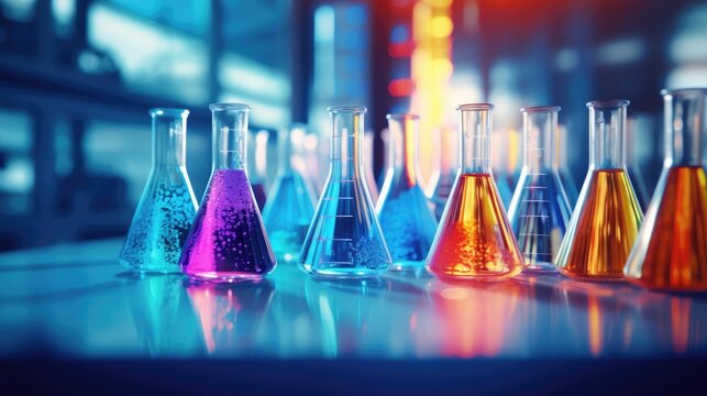 Glass reactor vessels in a chemical laboratory filled with colourful liquid. Science or medical background