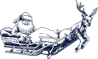 santa claus with flying reindeer line art vector for coloring