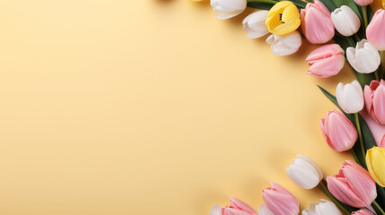 Fototapeta na wymiar Corner floral arrangement of colorful tulips on a sunny yellow backdrop