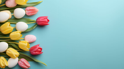 Corner floral arrangement of pink and yellow tulips on a blue backdrop