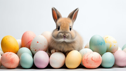 Brown bunny amidst a pastel Easter egg assortment on a clean white background.