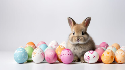 Adorable bunny with pastel-colored Easter eggs on white.