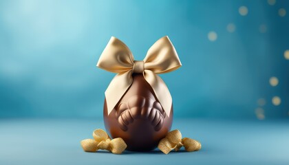 Fototapeta na wymiar easter egg chocolate wrapped with golden ribbon bow ,blue light background , with copy space , faded sparkles bokeh 