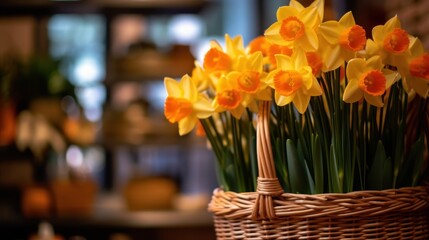 Beautiful yellow daffodils in a wicker basket. Mother's day concept with a space for a text. Valentine day concept with a copy space.