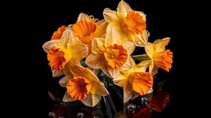 Bouquet of daffodils on a black background. Mother's day concept with a space for a text. Valentine day concept with a copy space.