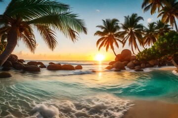 A tropical paradise with colorful bubbles and palm tree-shaped waves.