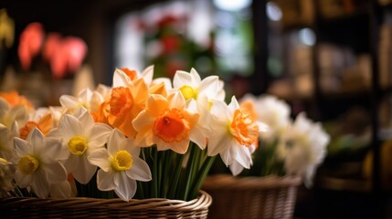 Daffodils in a basket on a table in a restaurant. Mother's day concept with a space for a text. Valentine day concept with a copy space.