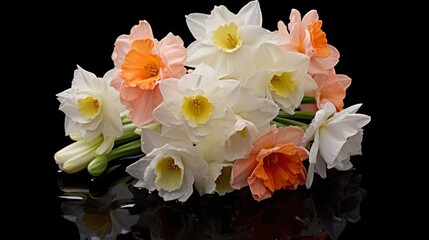 bouquet of white and orange daffodils on a black background. Mother's day concept with a space for a text. Valentine day concept with a copy space.