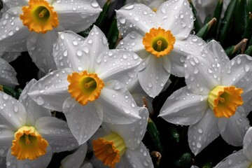 White daffodils with water droplets on petals. Mother's day concept with a space for a text. Valentine day concept with a copy space.