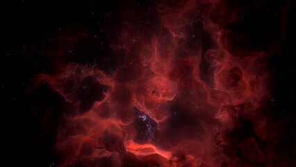Red dark galaxy nebulae and stars among shining nebula. Artistic concept 3D animation for space exploration and science fiction. Ethereal infinity in deep cosmos.