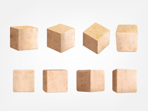 Realistic wooden blocks. 3d wood cube block with timber surface for baby game, school child tower build games alphabet education, wooden cubes square brick tidy vector illustration