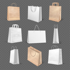 Realistic shopping packets. Shop paper bags mockup for commercial branding merchandising products packaging shopper present fashion cardboard bag handbag decent vector illustration