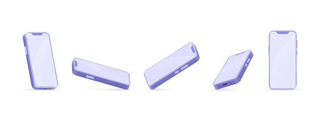 Render smartphone mockup. 3d creative smartphone empty screens minimal design, colourful cellphone rendering different views phone mobile displays frame, decent vector illustration