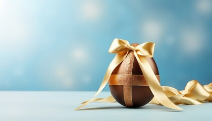 easter egg chocolate  wrapped with golden ribbon bow ,blue light background , with copy space 