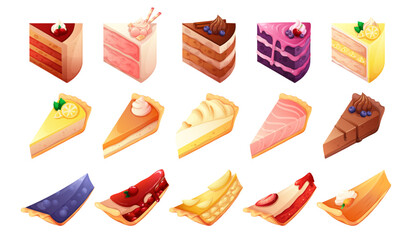 Cartoon pies slices. Cheesecake slices lemon sponge pie portion, pastries cake layer with different filling tiramisu fruit custard meringue pastry food, garish vector illustration - obrazy, fototapety, plakaty