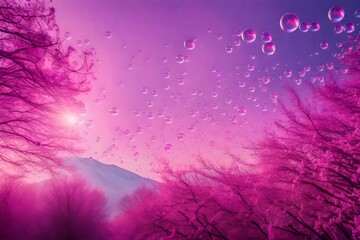A whimsical scene with bubbles in shades of pink and purple dancing on a bubblegum sky.