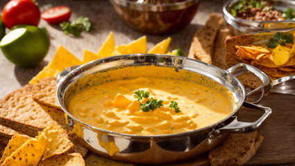 Delicious cheese sauce, nacho chips