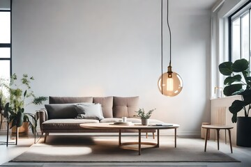 A minimalist Scandinavian-style living room with a sleek, single, oversized hanging bulb as the focal point, creating a soft, ambient atmosphere.
