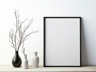 A frame on the wall, a mockup of a poster, a poster in the room, white vase with flowers on the table