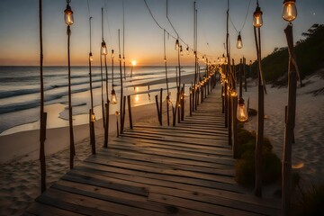 A serene beachfront resort with a row of hanging bulbs leading the way along a wooden boardwalk, guiding guests to a tranquil beach bonfire gathering.