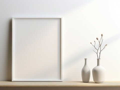 A frame on the wall, a mockup of a poster, a poster in the room, white vase with flowers on the wall