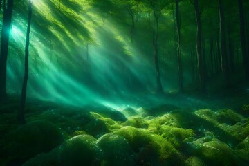 A magical forest glade with sparkling bubbles and ethereal, misty waves.