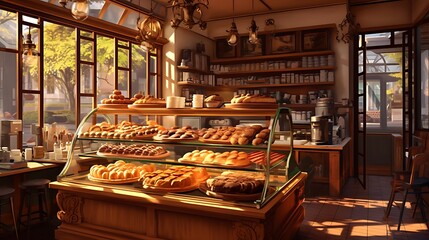 A library cafe with a display of freshly baked pastries. - obrazy, fototapety, plakaty