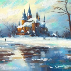 Landscape in the style of oil painting: Brown castle, a lot of snow and trees   - obrazy, fototapety, plakaty