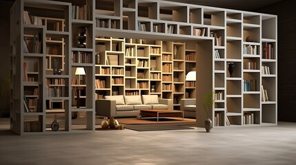 A library with bookshelves that double as room dividers.