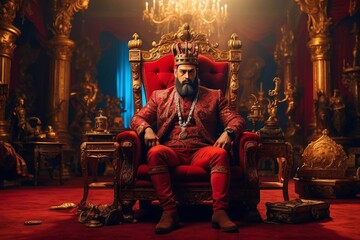 King is sitting in his big chair in a royal room of the palace