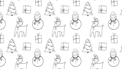 seamless pattern  of hand drawn deer and snowman