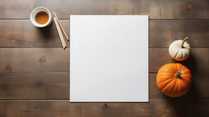 Empty white   paper on a wooden table from top, flatlay, pumpkins , cup of tea  decoration - obrazy, fototapety, plakaty