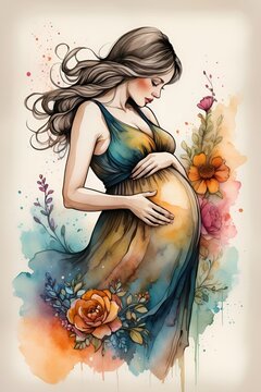 pragnent woman in a dress with flowers illustration