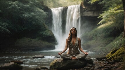woman meditating in the forest - obrazy, fototapety, plakaty
